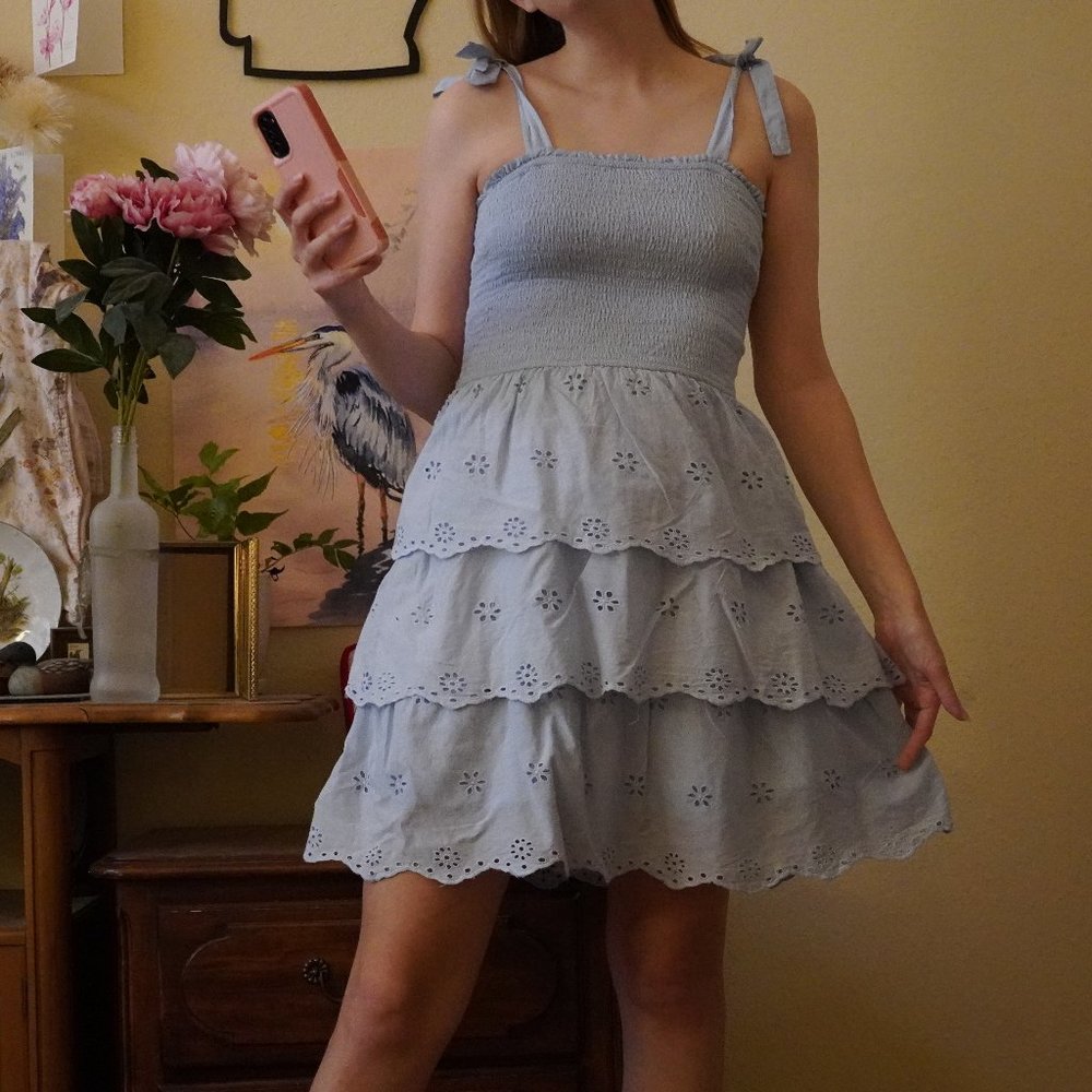 100% Cotton Pastel Blue Bow Tie Strap Smocked Eyelet Dress Soft